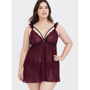 Torrid‎ women's 1 1X maroon sheer chemise babydoll lingerie night gown